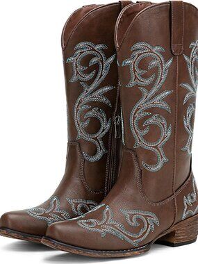 Women's Whisky Wide Calf with Low Chunky Heel Cowgirl Western Embroidered Boots